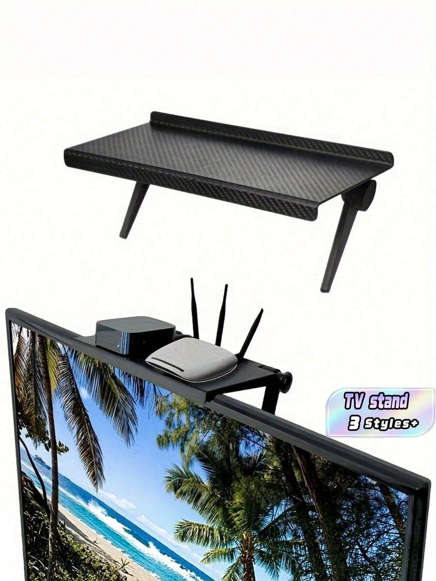Wall Mount Router Shelf, Carbon Fiber Texture ABS Plastic Floating Wall Shelf For WiFi Router Modem TV Box Set Top Box, No Drilling Adhesive Storage Rack With Cable Management, Space Saving Organizer For Living Room Bedroom Office - Black - View 1