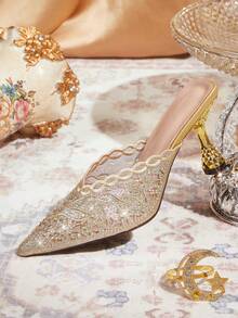 CUCCOO TILAWA Gold Sparkling Rhinestone Embroidery Elegant Sexy Pointed Women's High Heels - Exquisite And Stylish Design, With A Slip-On Design Stiletto Women - Gold - View 4