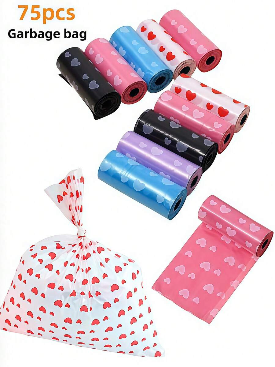 5 Rolls = 75 Packs, Baby Travel Portable Car Garbage Bags, Love Printing Garbage Bags, Outdoor Disposable Garbage Bags, Cat And Dog Toilet Bags. - Multicolor - View 1