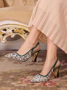CUCCOO TILAWA Green Sunflower Resin Shiny Rhinestone Fashionable Elegance Temperament Sexy Pointed Thick Heel Women's High Heels - Exquisite Design Of Rear Buckle, - Green - View 2