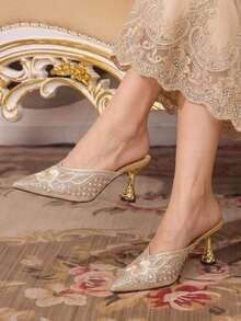 CUCCOO TILAWA Gold Sparkling Rhinestone Embroidery Elegant Sexy Pointed Women's High Heels - Exquisite And Stylish Design, With A Slip-On Design Stiletto Women - Gold - View 2