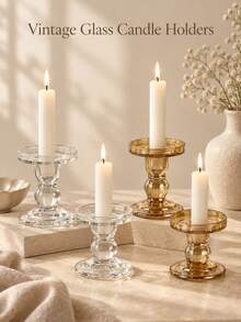 Cirelle Vintage Glass Taper Candle Holders, Pillar & Taper 2-In-1 Candlestick Holder Set, Clear Amber Glass Candle Stand For Wedding Centerpiece, Dinner Table, Mantel Decor, Romantic Home Decoration, Housewarming Gift - multicolor - View 4