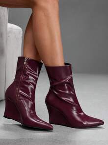 CUCCOO SZL Glossy Leather Pointed Toe Heel Thin Boots Women's Simple Premium Commuter Versatile Ankle Boots Fall Boots - Burgundy - View 2