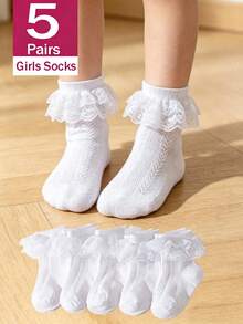 SHEIN 5 Pairs Of Girls' Double-Layer Lace Socks, Suitable For Daily Wear - White - View 1