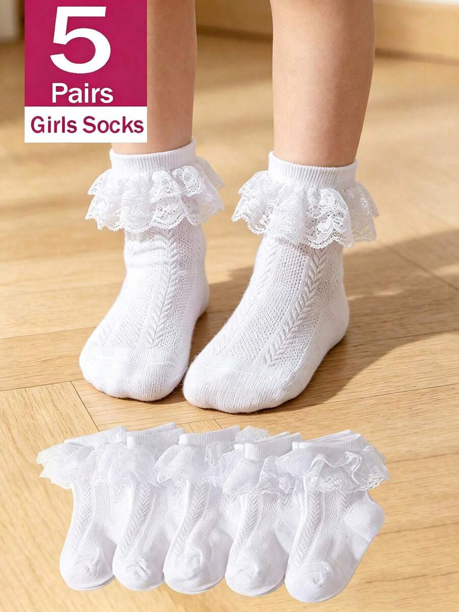SHEIN 5 Pairs Of Girls' Double-Layer Lace Socks, Suitable For Daily Wear - White - View 1