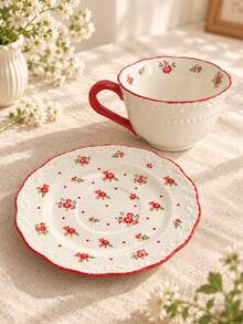 Cirelle Vintage Floral Ceramic Coffee Cup And Saucer Set, Embossed Red Flower Tea Mug With Scalloped Rim, Elegant Porcelain Cup For Latte Cappuccino, Home Table Decor & Wedding Housewarming Gift - Multicolor - View 10