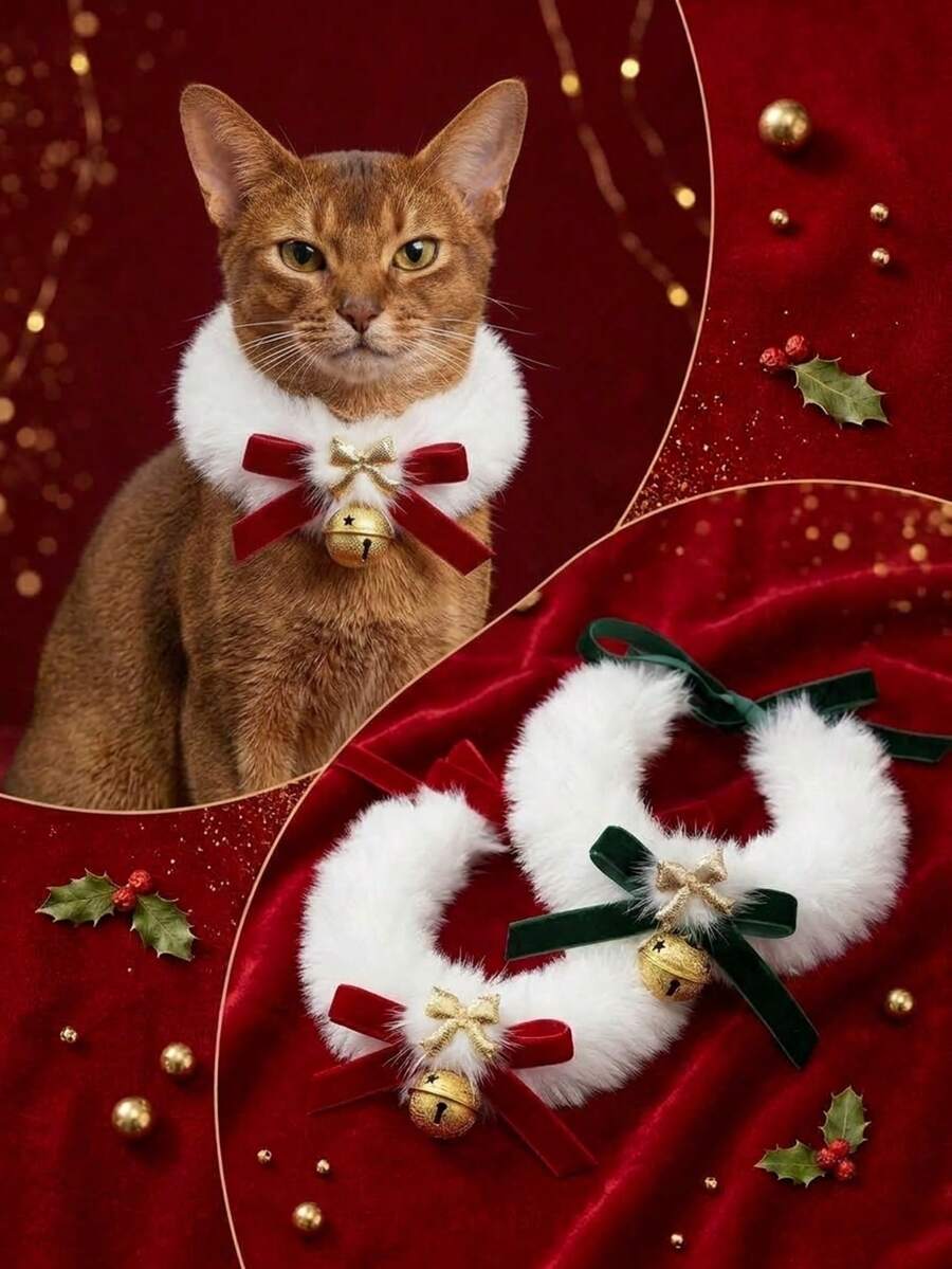 PETSIN 1PC Pet Collar, Handmade Red Bowknot Neck Decoration With Bell, Festive Christmas New Year Wedding Neck Collar For Cats & Dogs - Multicolor - View 1