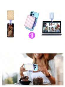 1pc 60 LED Selfie Fill Light, Dimmable Brightness With Battery Indicator. Portable Mini Clip-On Ring Light, Type-C Charging, Black/Purple. Suitable For Makeup, Live Streaming And Video Meetings. - 3 In 1 Light Colors - View 4