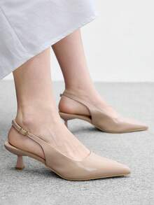 CUCCOO BIZCHIC 女款杏色亮面尖頭小貓跟後扣高跟鞋，簡約優雅，日常百搭通勤上班，空鞋 A - 杏色 - 查看 4