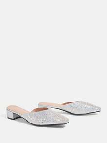 CUCCOO TILAWA Rhinestone Shiny Silver Slip-On Women's Closed-Toed Small Square Toe Thick-Heeled Sandals Comfortable Foot Cage Summer Women's Shoes - Silver - View 10