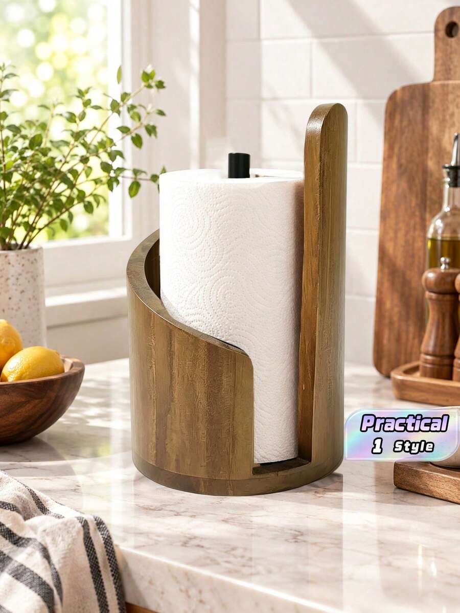 1 Piece Black Walnut Wood Standing Paper Roll Holder, Tissue Holder, Natural Mango Wood Top | Suitable For Extra-Large Rolls Of Tissue Paper, Comes With Wooden Circular Base | Wooden Tissue Holder For Kitchen, Dining Table, And Home Decoration - View 1