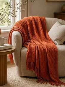 Cirelle 1 buah Selimut Rajut Warna Oranye Terbakar dengan Rumbai, Selimut Lembut dan Nyaman dengan Tekstur Wafel untuk Sofa, Kursi & Tempat Tidur - Jeruk - View 1