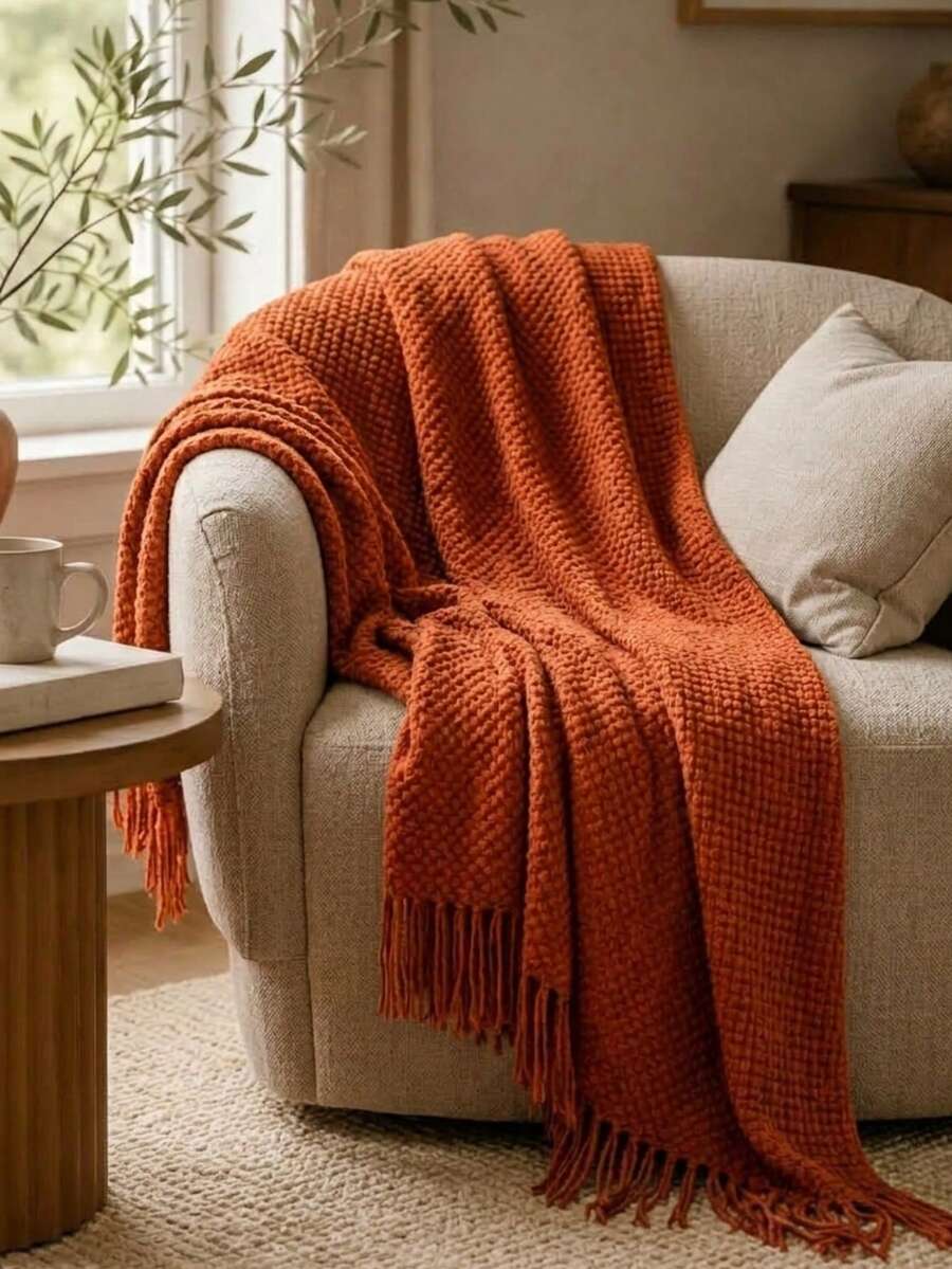 Cirelle 1 buah Selimut Rajut Warna Oranye Terbakar dengan Rumbai, Selimut Lembut dan Nyaman dengan Tekstur Wafel untuk Sofa, Kursi & Tempat Tidur - Jeruk - View 1