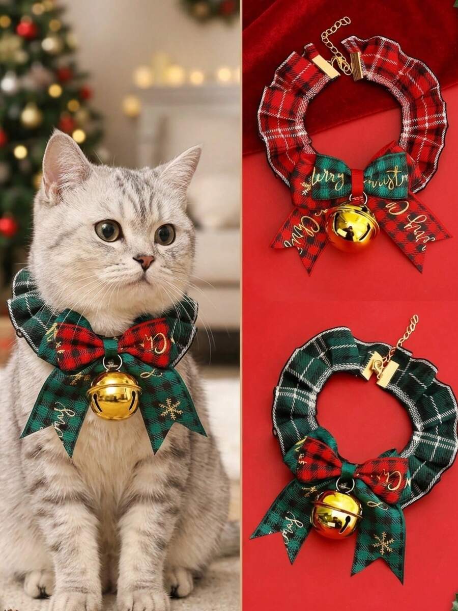 PETSIN 1PC Christmas Cartoon Pet Collar, Red Lace Bowknot Bib Necklace With Bell, Festive Decor Accessory For Cats & Dogs - Multicolor - View 1
