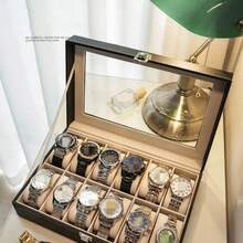 PU Leather Watch Storage Box With Glass Lid, Multi Slots Watch Display Organizer Case For Watch Collection - default - View 6
