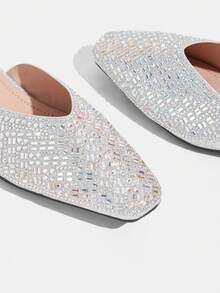CUCCOO TILAWA Rhinestone Shiny Silver Slip-On Women's Closed-Toed Small Square Toe Thick-Heeled Sandals Comfortable Foot Cage Summer Women's Shoes - Silver - View 5