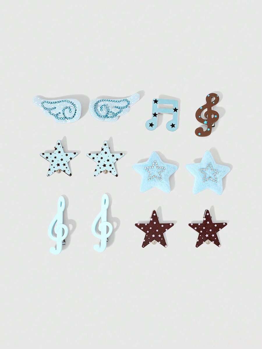 ROMWE Anime 12 Pieces Random Blue-Brown Contrasting Rhinestone Adult Hairpin, Y2K Star Wing Note Styling Hairpin, Shiny And Versatile Hair Accessories - Blue brown rhinestone - View 1