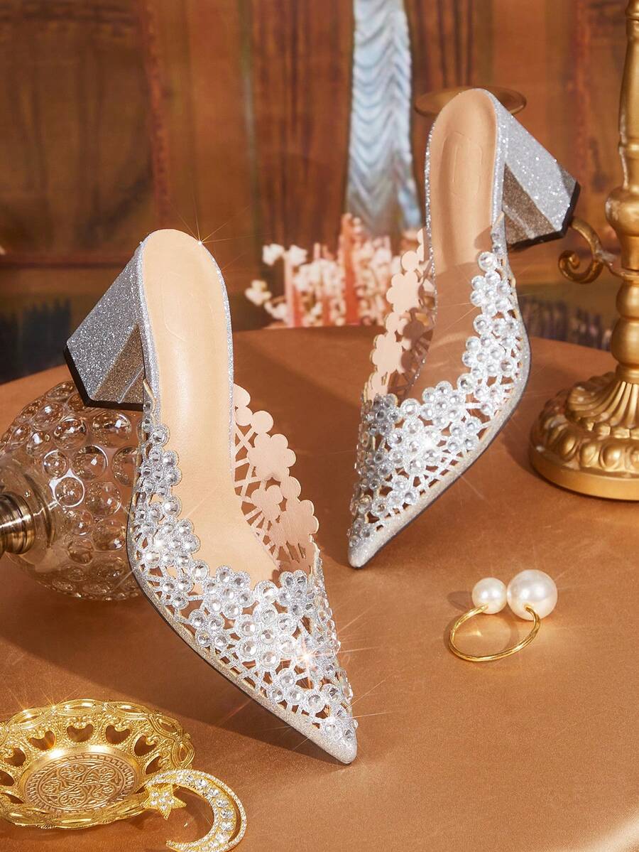 CUCCOO TILAWA Silver Sparkling Elegant Pointed Women's Thick Heels - French Elegant Wedding Banquet Full Of Diamond Rhinestone Heels - Silver - View 1