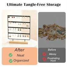 Women Earring Storage Holder, 4‑Tier Tall Jewelry Display Stand, Wood‑Metal Hanging Jewelry Organizer, Desktop Display Rack For Multiple Pairs Of Earrings, Household Vanity Table Jewelry Storage Accessory - Multicolor - View 4