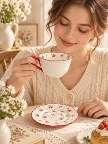 Cirelle Vintage Floral Ceramic Coffee Cup And Saucer Set, Embossed Red Flower Tea Mug With Scalloped Rim, Elegant Porcelain Cup For Latte Cappuccino, Home Table Decor & Wedding Housewarming Gift - Multicolor - View 6