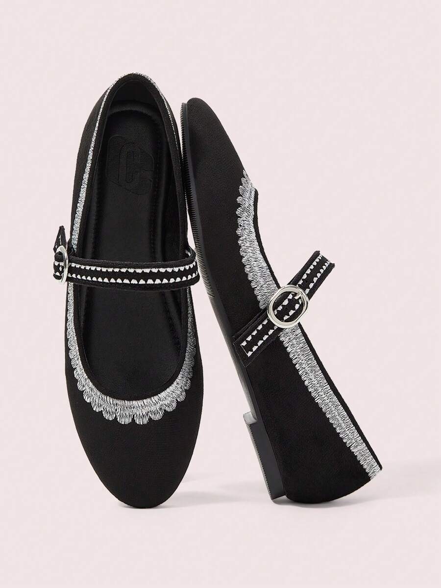 CUCCOO DOLLMOD Women's Shoes Round Toe Black Suede Embroidery Comfortable Retro Cute College Style Fashion Mary Jane Flat Shoes - Black - View 1