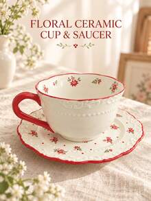 Cirelle Vintage Floral Ceramic Coffee Cup And Saucer Set, Embossed Red Flower Tea Mug With Scalloped Rim, Elegant Porcelain Cup For Latte Cappuccino, Home Table Decor & Wedding Housewarming Gift - Multicolor - View 5