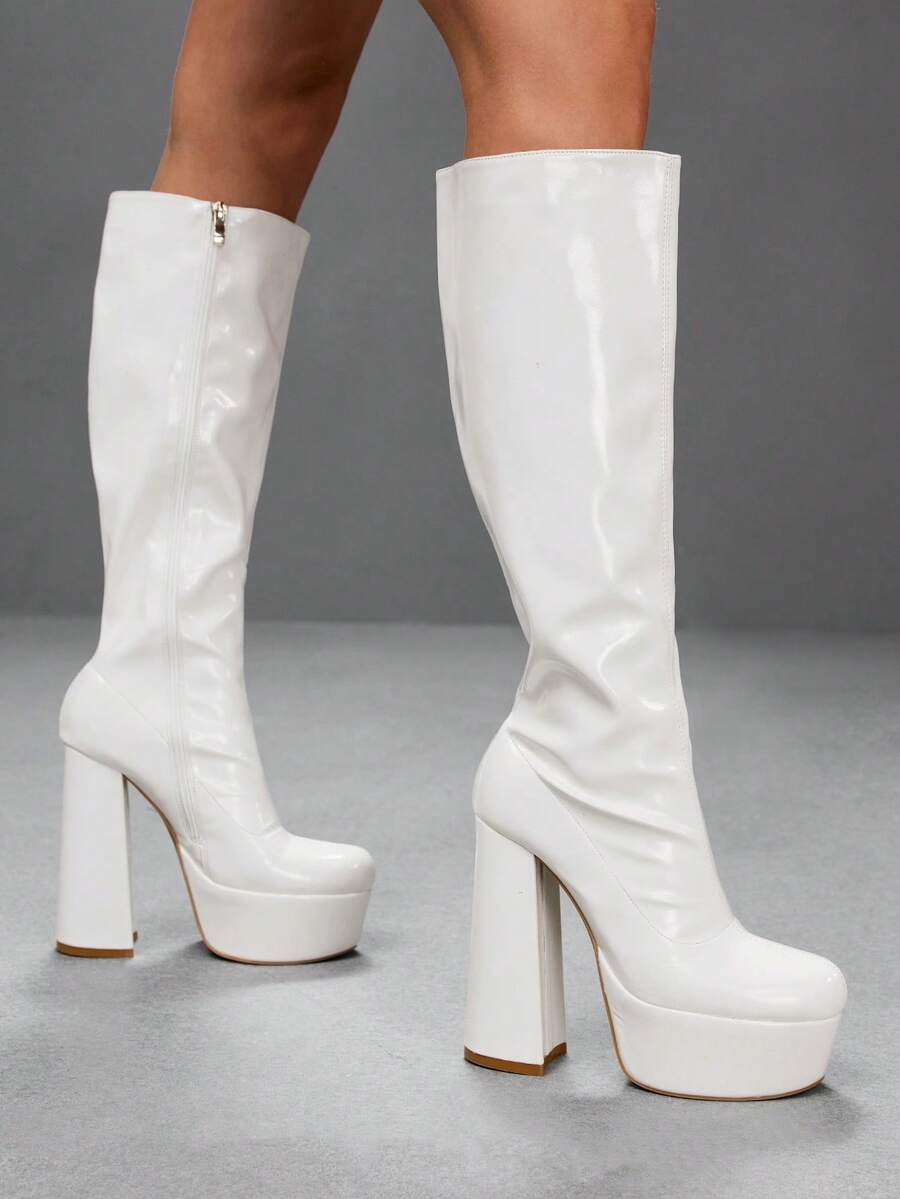 CUCCOO SZL Women's Shoes White Round Toe Chunky High Heel Platform Knee-High Boots Sexy Party Date Commute Fall Boots - Patent leather, white. - View 1