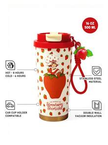 Strawberry Shortcake X SHEIN 500ml /16 Oz 真空保溫不鏽鋼杯，1個防漏蓋，適用熱飲/冷飲，適用於大多數杯架，禮物首選，派對、節日、情人節 - 紅色 - 查看 2