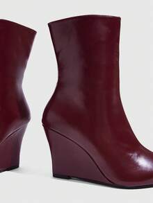 CUCCOO SZL Glossy Leather Pointed Toe Heel Thin Boots Women's Simple Premium Commuter Versatile Ankle Boots Fall Boots - Burgundy - View 6