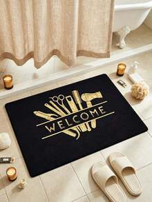 1件裝黑金髮型工具與歡迎信印花門墊，現代理髮店極簡風法蘭絨長方形地墊，印有金色剪刀、梳子、吹風機、髮夾等美髮設備圖案，防滑 - 1PC - 查看 9