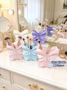 Embossed Butterfly Makeup Brush Holder, Pearlescent Glazed Desktop Cosmetic Pen Organizer, Vanity Decorative Storage & Flower Vase, Multi‑Color Option - Multicolor - View 1