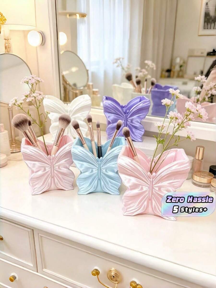 Embossed Butterfly Makeup Brush Holder, Pearlescent Glazed Desktop Cosmetic Pen Organizer, Vanity Decorative Storage & Flower Vase, Multi‑Color Option - Multicolor - View 1