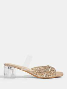 CUCCOO TILAWA Damers mules-sandaler med flash-diamanter, strass, transparent bred rem och tjock fyrkantig klack, sommarsandaler för bankett - Brons - Visa 3