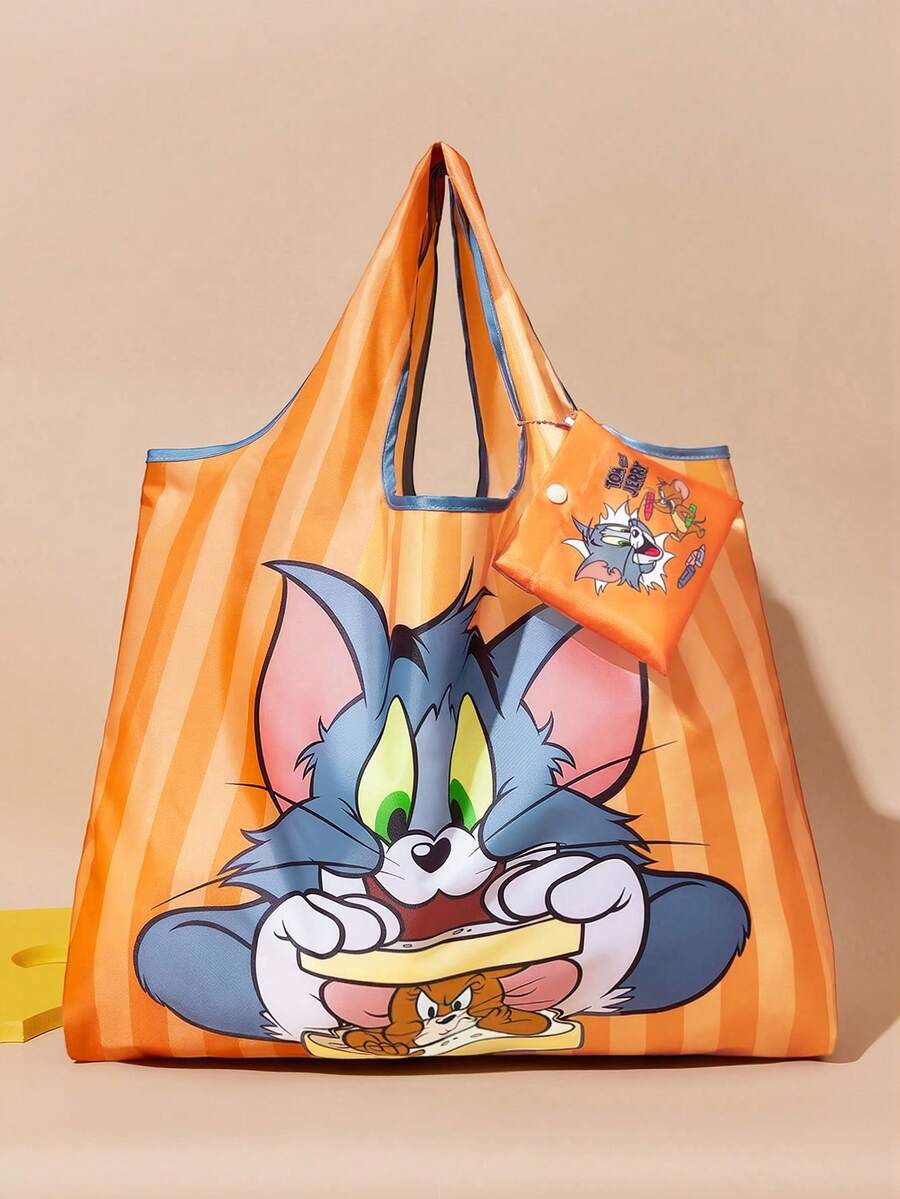 TOM & JERRY X SHEIN 卡通印花聚酯纖維可折疊托特包,緊湊折疊設計,適用於超市購物、日常雜事與旅行使用,大容量且耐用 - 棕色 - 查看 1
