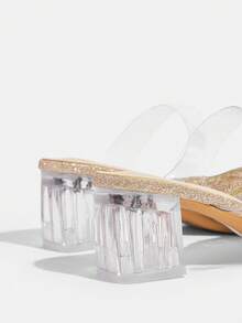 CUCCOO TILAWA Damers mules-sandaler med flash-diamanter, strass, transparent bred rem och tjock fyrkantig klack, sommarsandaler för bankett - Brons - Visa 11