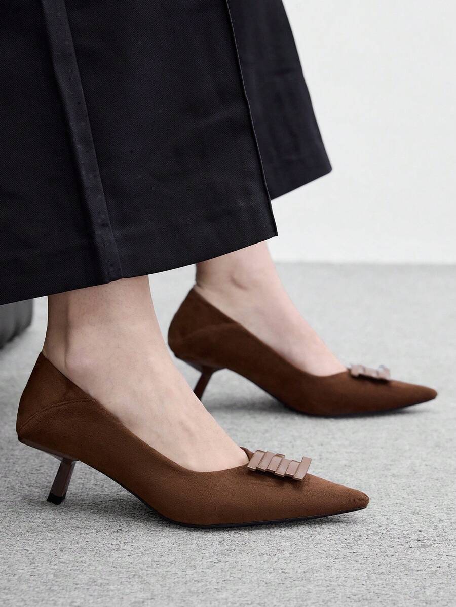 CUCCOO BIZCHIC Suede Metal Buckle Pointed Stiletto Shoes, Women's Workplace Commuter High Heels Fall Shoes - Brown - View 1