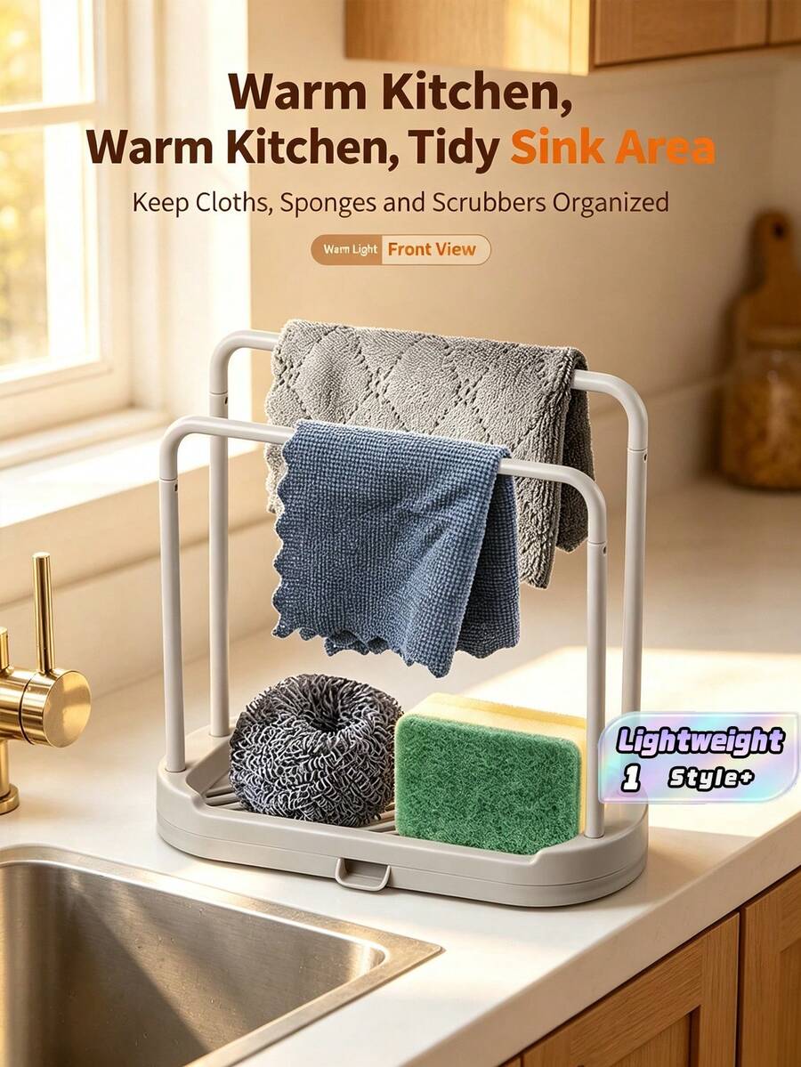 1 Kitchen Sink Organizer Rack, Two-Tier Fabric Sponge Holder, Countertop Drain Rack, Space-Saving, Kitchen Cleaning Supplies Storage, Great For Housewives/Husbands, Compact And Portable Next To The Sink, A Great Kitchen Organization Helper - Multicolor - View 1