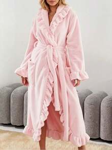 Cirelle Women's Plush Ruffle Trim Fleece Bathrobe, Soft Warm Long Plush Robe With Belt, Elegant Light Pink Loungewear - Multicolor - View 14