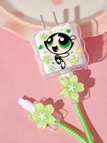 THE POWERPUFF GIRLS X SHEIN Pelindung Kabel Data, Cocok untuk Charger , Set 4 Buah Pelindung Kabel Ponsel, Pelindung Charger (Tidak Termasuk Kabel Data) - Hijau - View 2