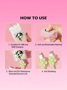 THE POWERPUFF GIRLS X SHEIN Pelindung Kabel Data, Cocok untuk Charger , Set 4 Buah Pelindung Kabel Ponsel, Pelindung Charger (Tidak Termasuk Kabel Data) - Hijau - View 3