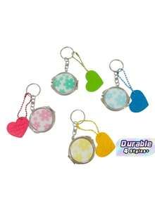 1PC Portable Floral Compact Mirror Keychain, Cute Heart Pendant Foldable Small Makeup Mirror For Bag & Key Decor - Multicolor - View 1