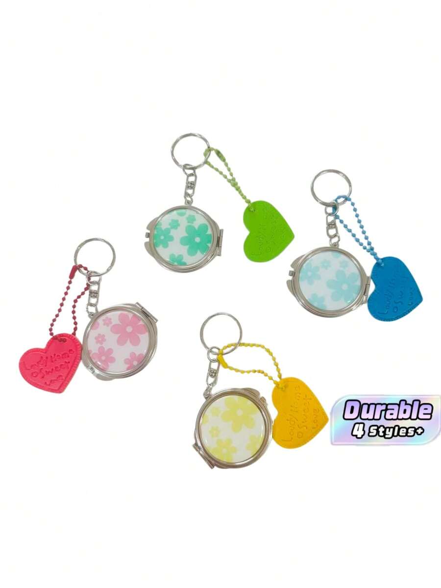 1PC Portable Floral Compact Mirror Keychain, Cute Heart Pendant Foldable Small Makeup Mirror For Bag & Key Decor - Multicolor - View 1