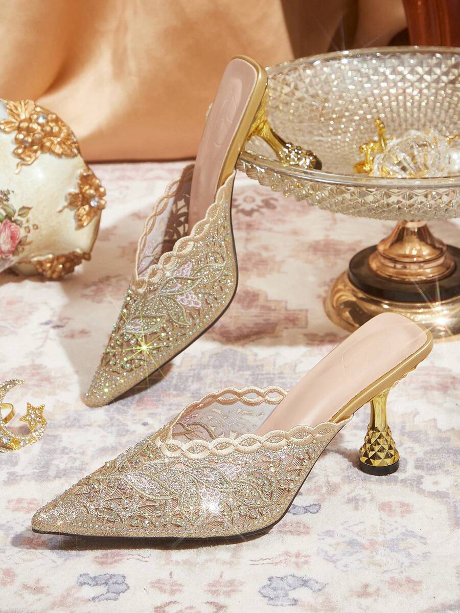 CUCCOO TILAWA Gold Sparkling Rhinestone Embroidery Elegant Sexy Pointed Women's High Heels - Exquisite And Stylish Design, With A Slip-On Design Stiletto Women - Gold - View 1