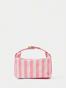 SHECARRY Ladies Pink + White Striped Canvas Tote Bag, Cute Cherry Beads And Rhinestones, Exquisite Hardware Strap - Pink - View 4