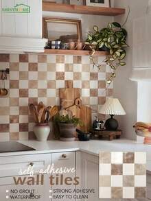 Shiny Home 10pcs 22.8*22.8cm Self-Adhesive Wall Stickers, Waterproof Kitchen Backsplash, Kitchen Renovation New Decorative Material, Easy Diy Installation. - Beige - View 4
