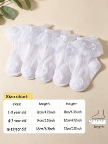 SHEIN 5 Pairs Of Girls' Double-Layer Lace Socks, Suitable For Daily Wear - White - View 2