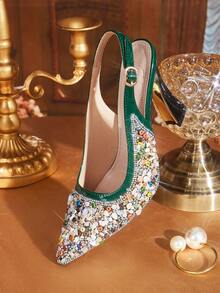 CUCCOO TILAWA Green Sunflower Resin Shiny Rhinestone Fashionable Elegance Temperament Sexy Pointed Thick Heel Women's High Heels - Exquisite Design Of Rear Buckle, - Green - View 5