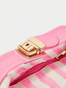 SHECARRY Ladies Pink + White Striped Canvas Tote Bag, Cute Cherry Beads And Rhinestones, Exquisite Hardware Strap - Pink - View 8