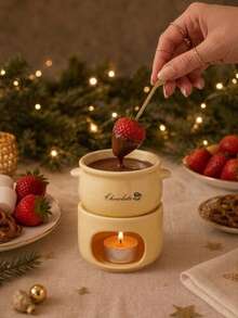 Cirelle 1pc Ceramic Chocolate Fondue Set With Tealight Candle Holder, Mini Cheese & Butter Melting Pot, Portable Porcelain Fondue Mug For Strawberries, Ice Cream, Party & Dessert Decor - View 1