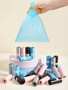 5 Rolls = 75 Pcs/15 Portable Car Garbage Bags For Baby Travel, One Roll, Love Printing Garbage Bags, Outdoor Disposable Garbage Bags, Cat And Dog Toil - Multicolor - View 3